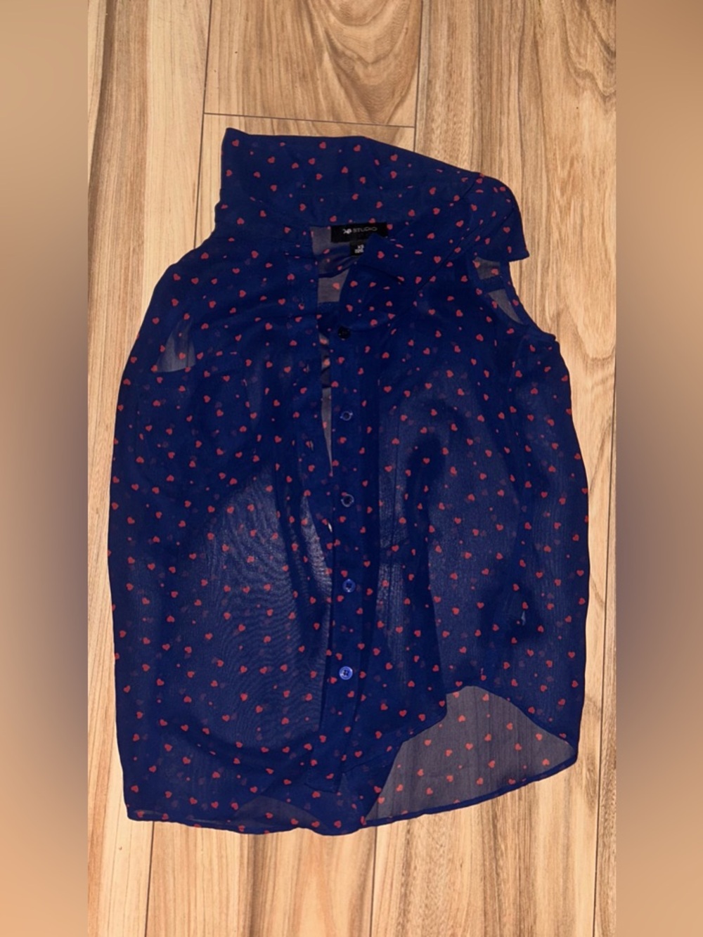 AB Studio Navy Sheer Sleeveless Blouse with Red Heart Print